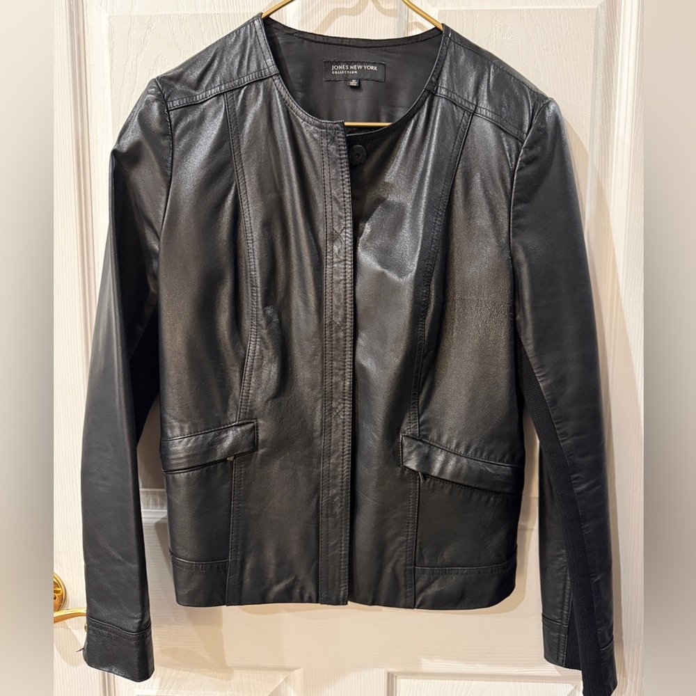Jones New York Classic Black Leather and Knit Jacket